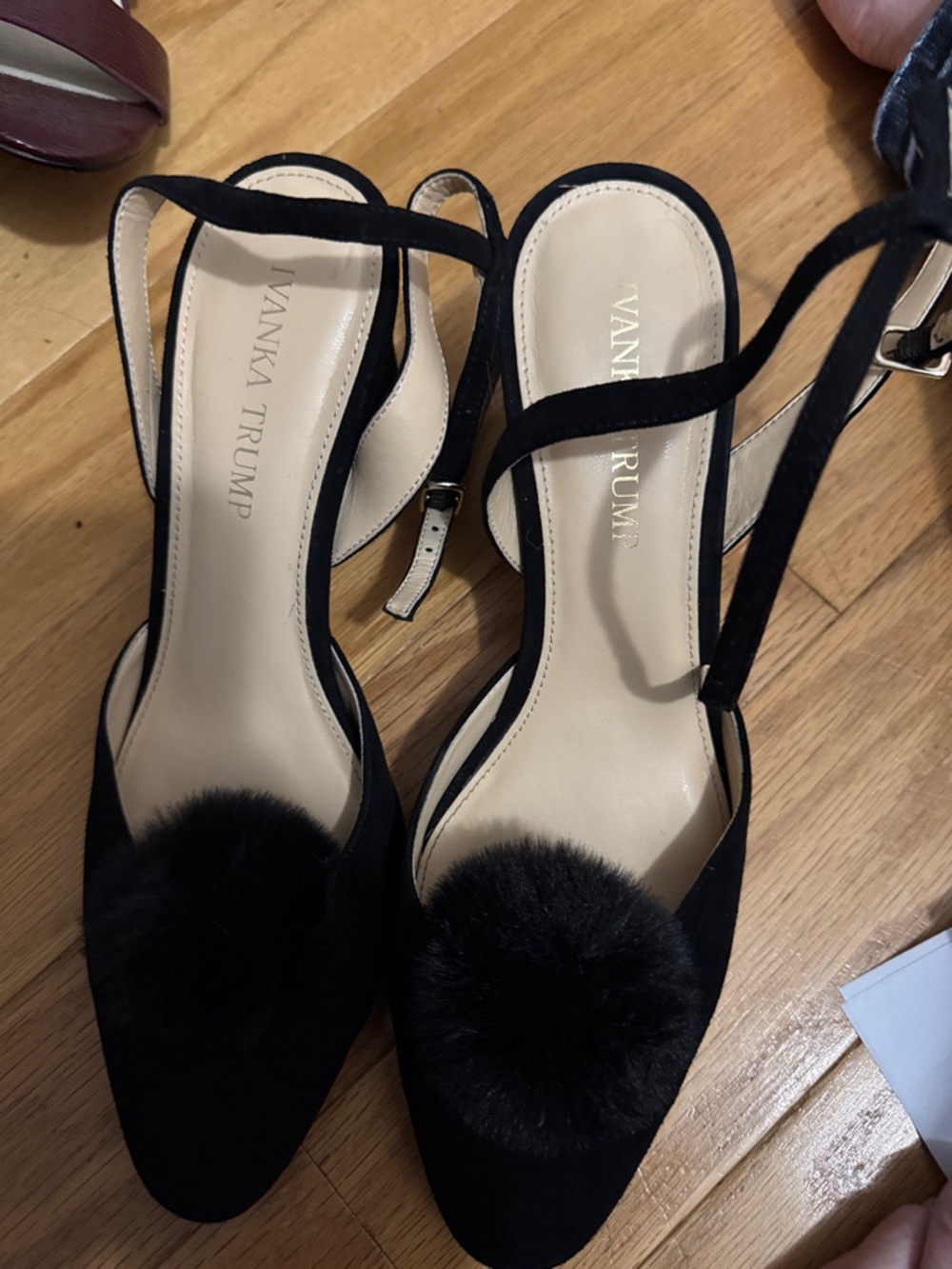 Ivanka Trump Black Suede Pom-Pom Slingback Heels
